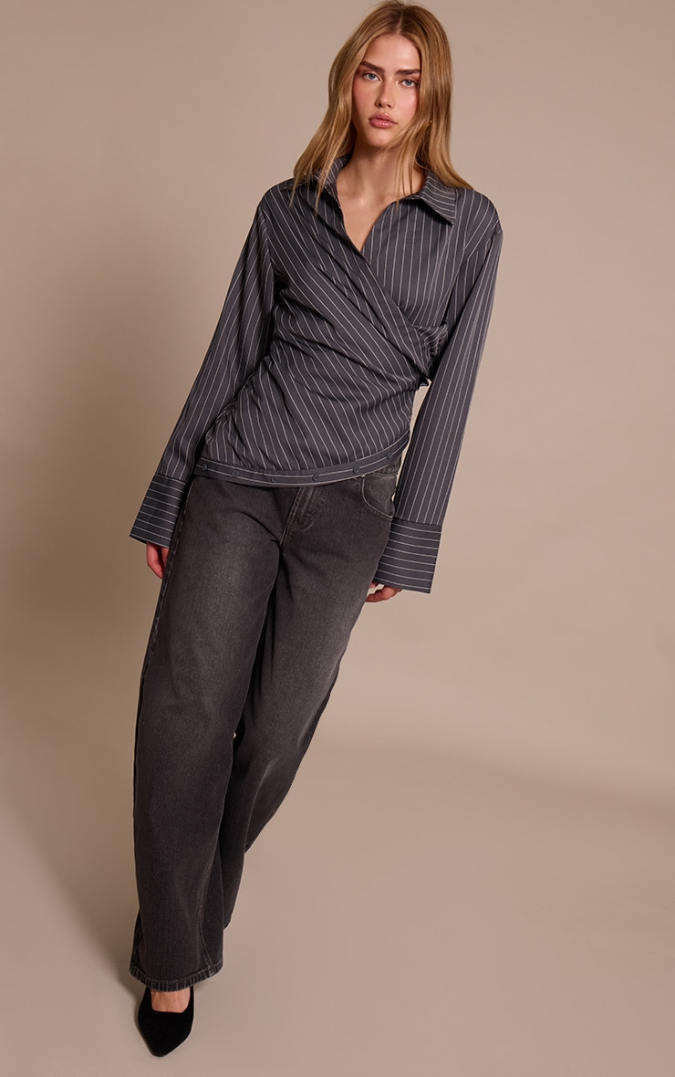 Grey Pinstripe Ruched Wrap Detail Long Sleeve Shirt image 3