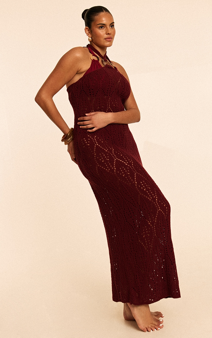 Plus Burgundy Crochet Maxi Halter Neck Beach Dress image 1