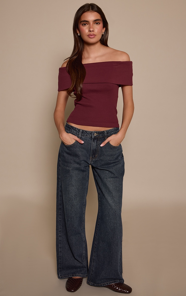 Wine Contour Rib Fold Over Bardot Detail Long Top  image 3