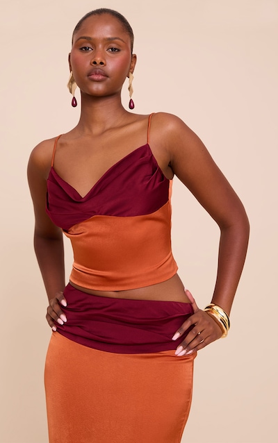 Débardeur satiné multicolore plissé à bretelles fines et partie contrastante