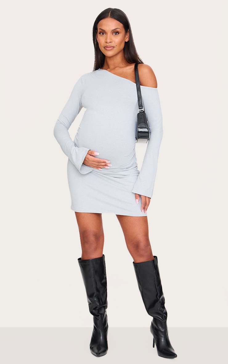 Maternity Grey Asymmetric Ruched Long Sleeve Mini Dress image 3