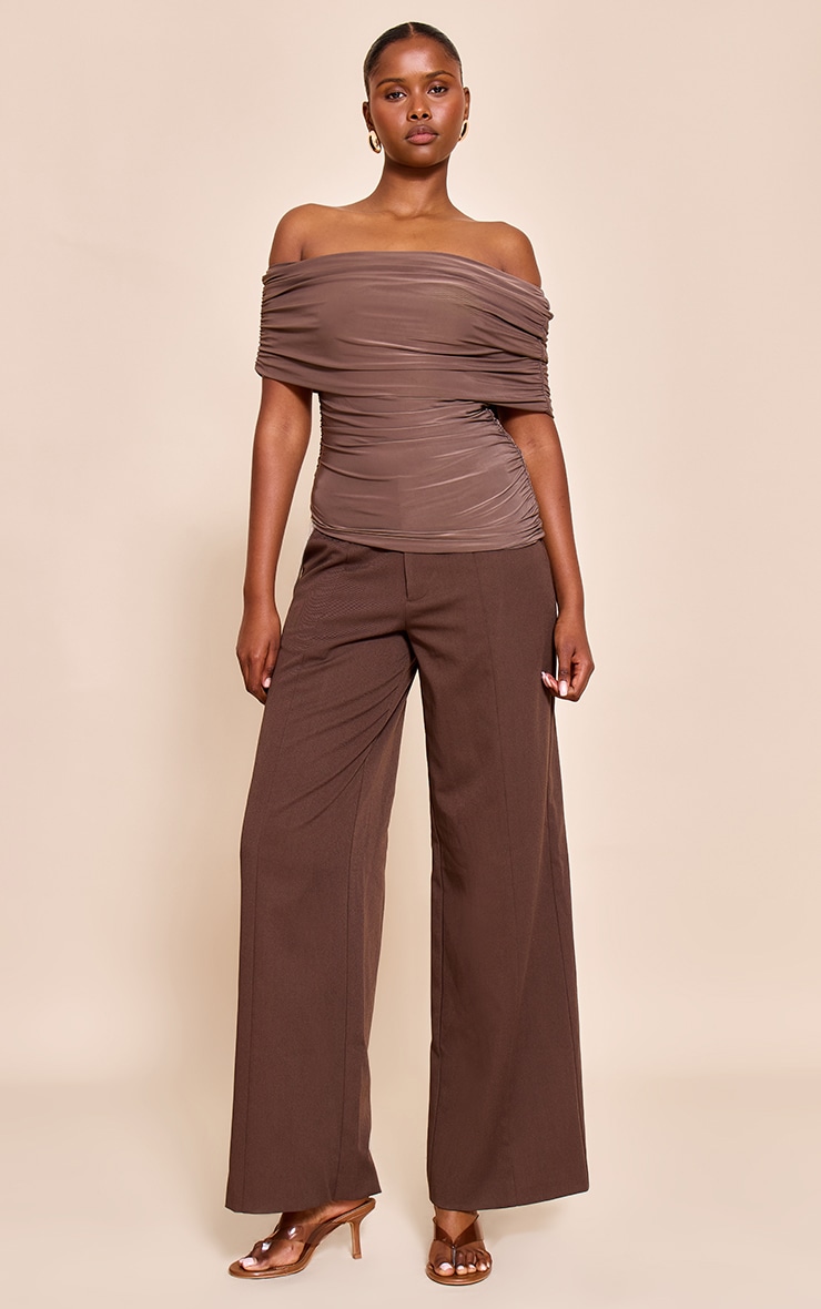 Mushroom Double Layer Slinky Ruched Bardot Long Top image 3