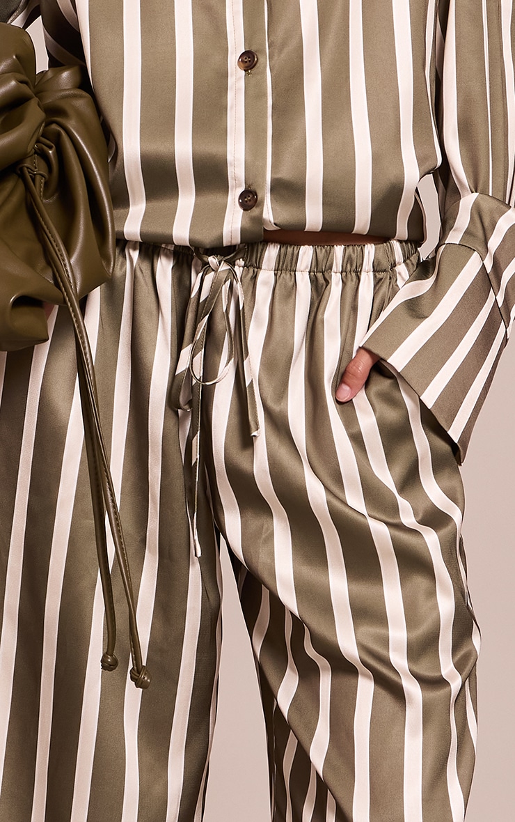 Khaki Satin Pinstripe Wide Leg Pants image 4