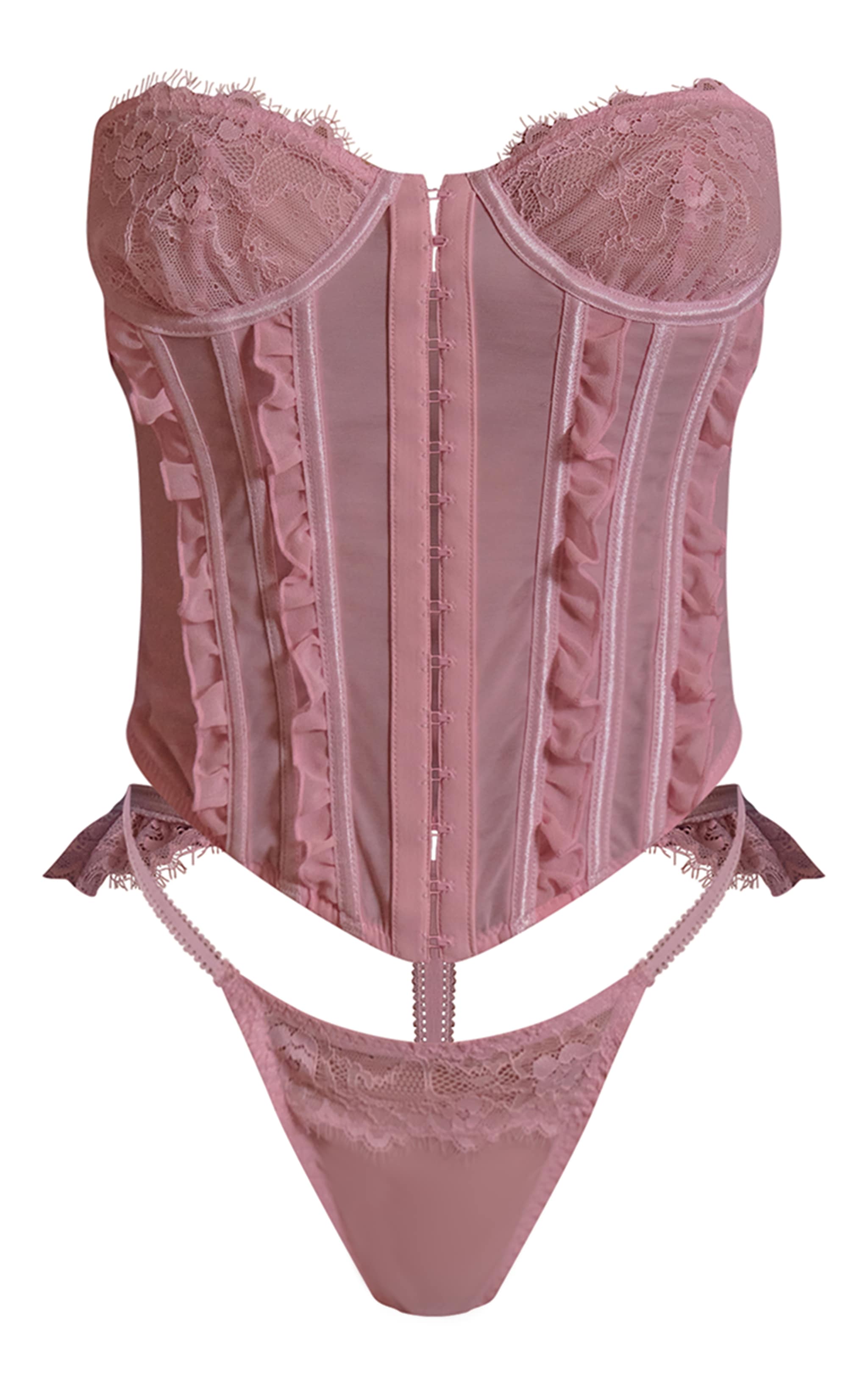 Pink Lace Trim Detail Corset Set image 7