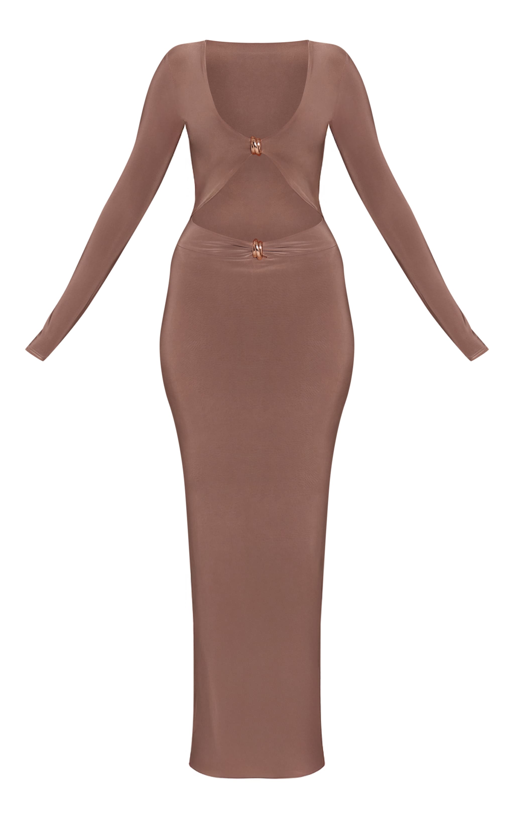 Taupe Double Layer Slinky Long Sleeve Trim Detail Cut Out Maxi Dress image 5