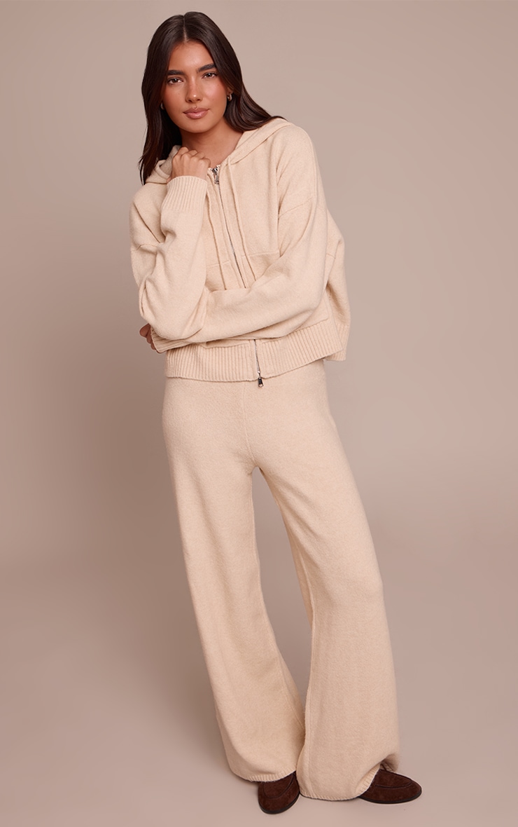 Beige Zip Through Knitted Hoodie image 3