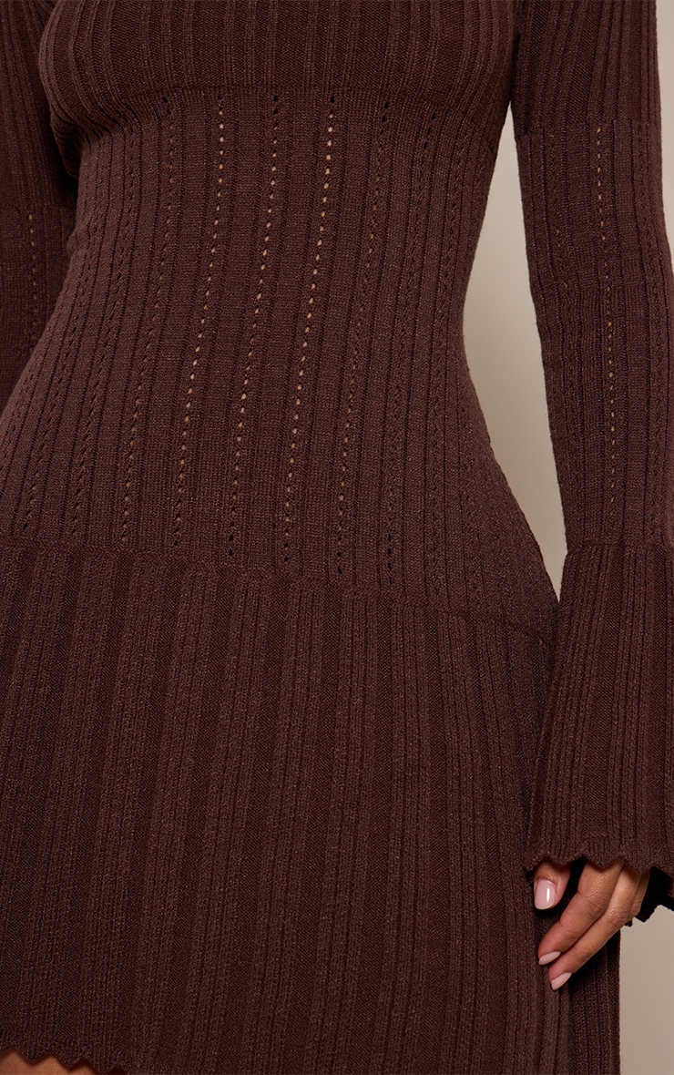 Petite Chocolate Scalloped Knitted Long Sleeve Mini Dress image 4