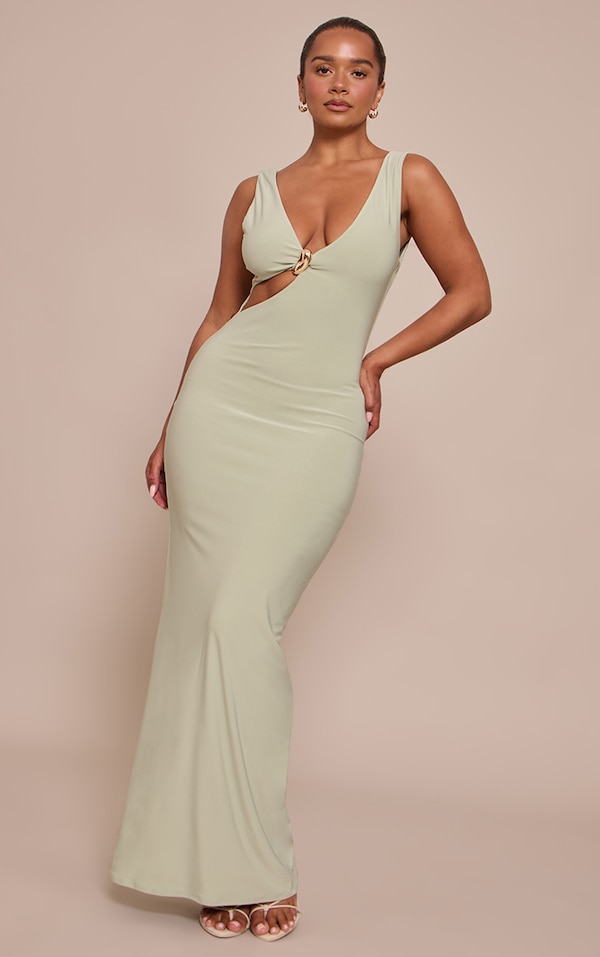 Shape Robe longue sauge découpé devant à décolleté et empiècement doré