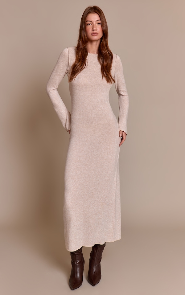 Robe longue en jersey crème à manches longues