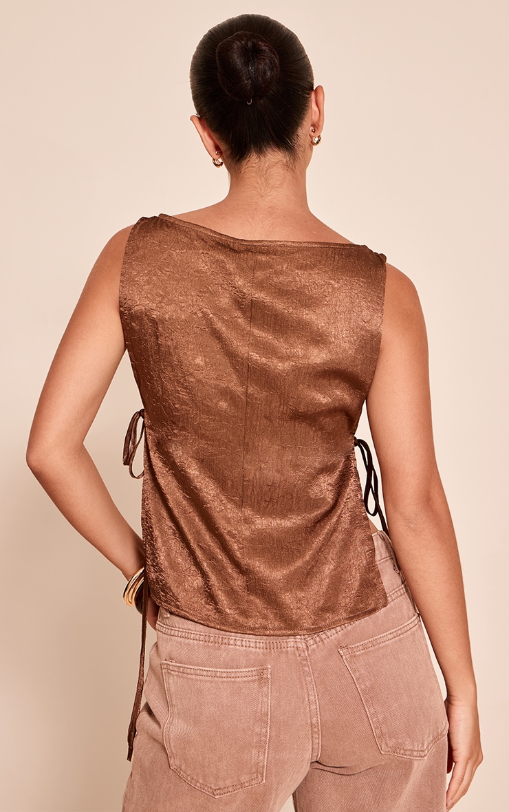 Chocolate Textured Satin Tie Side Long Top image 2