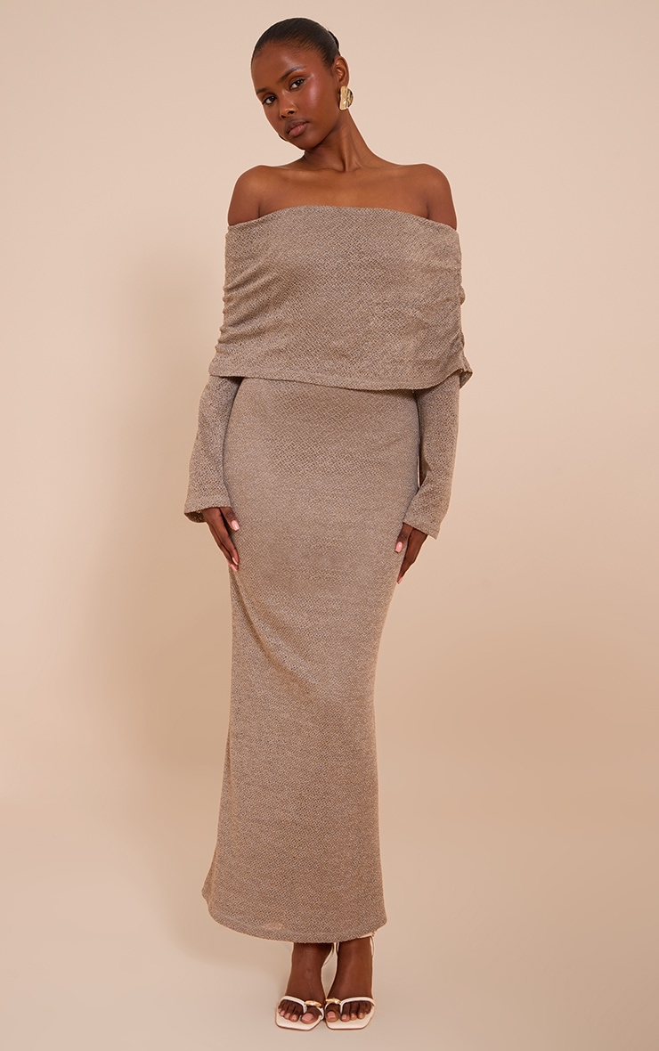 Mocha Textured Bardot Foldover Maxi Dress image 3