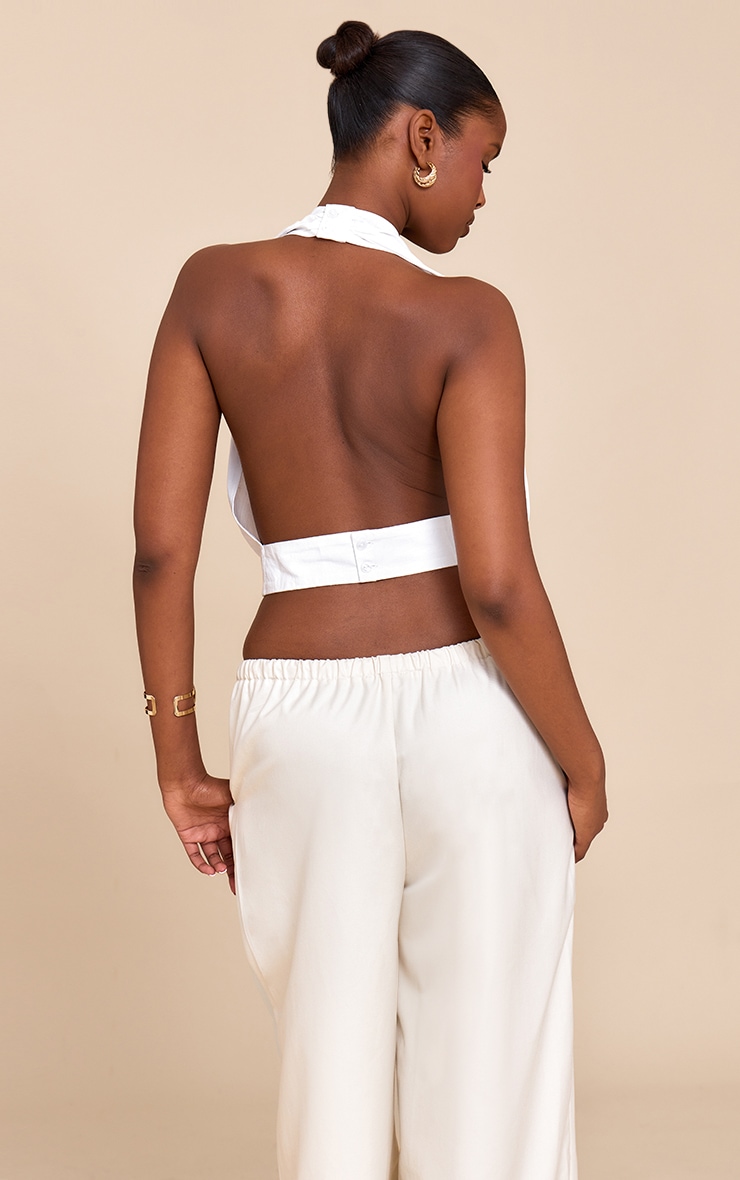 White Linen Blend Highneck Backless Puffball Top image 2