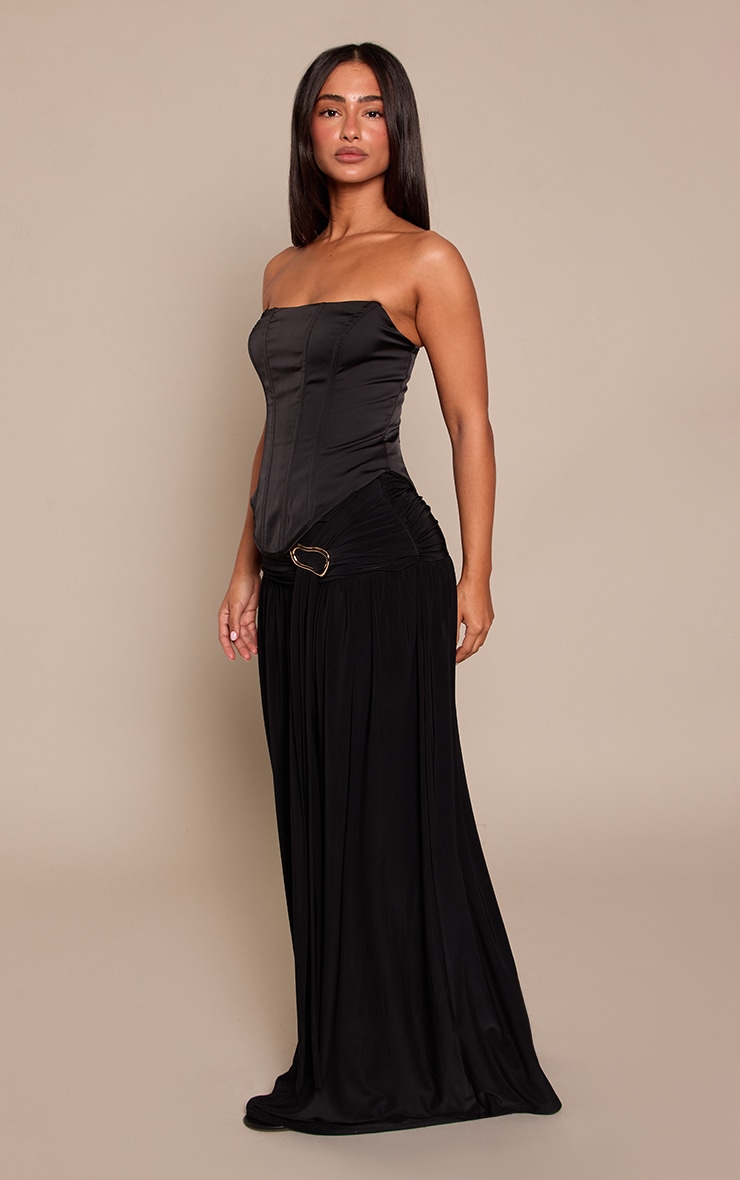 Petite Black Ruched Trim Detail Waist Slinky Flowy Maxi Skirt image 2