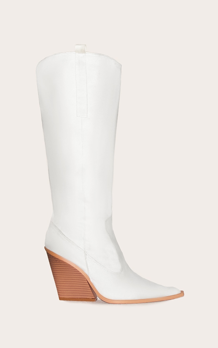 Cream Faux Suede Point Toe Western Knee High Heeled Boots image 1