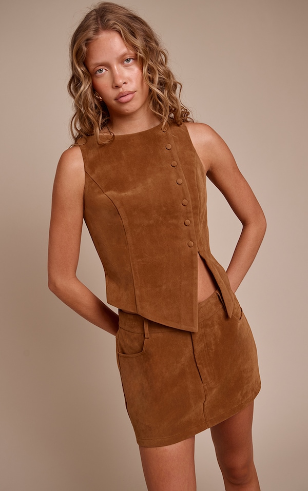 Camel Suede Pocket Detail Mini Skirt