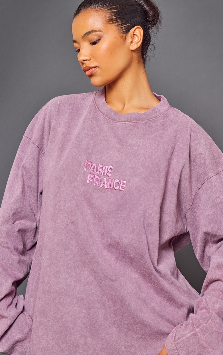Mauve Washed Paris Embroidered Long Sleeve T Shirt image 4