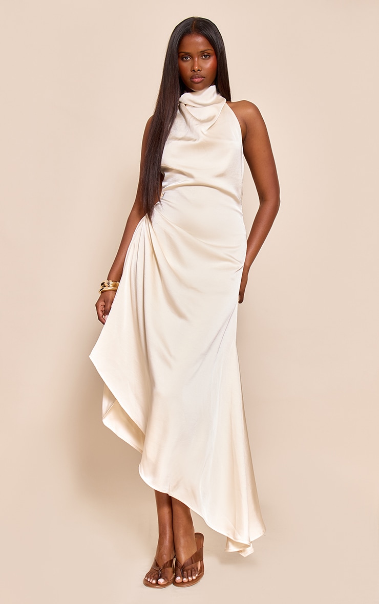 Cream Satin Cowl Neck Asymmetric Shift Dress image 1
