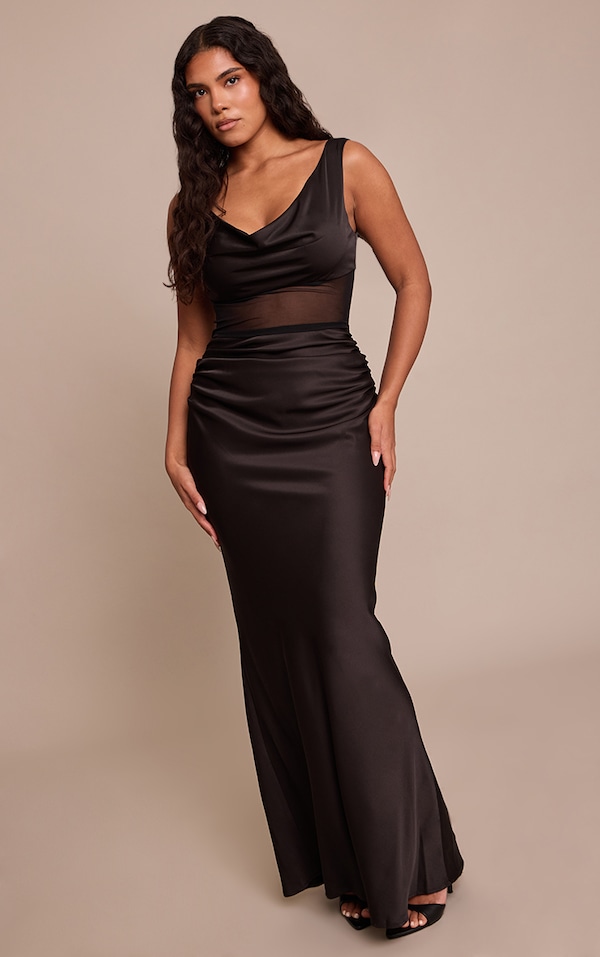 Shape Black Satin Mesh Panel Cowl Neck Maxi Dress