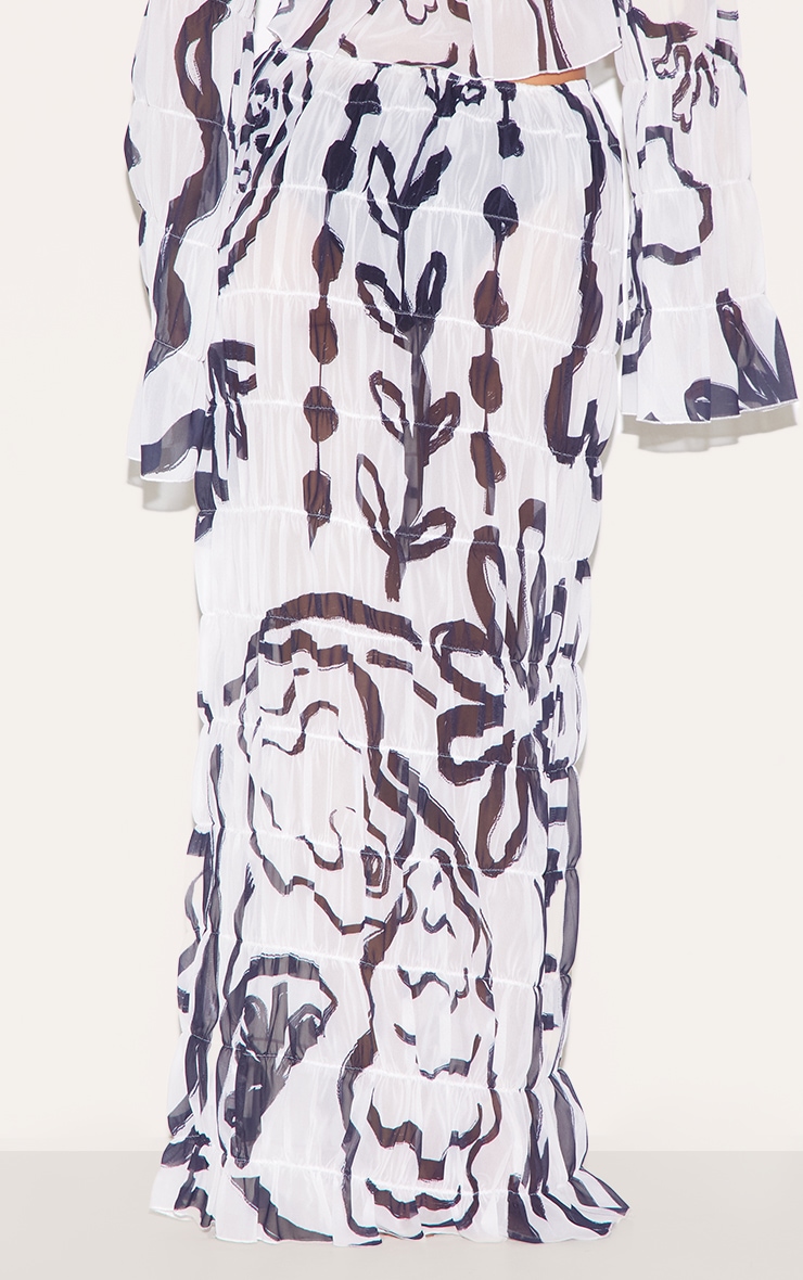 White Monochrome Chiffon Floral Maxi Beach Skirt image 3