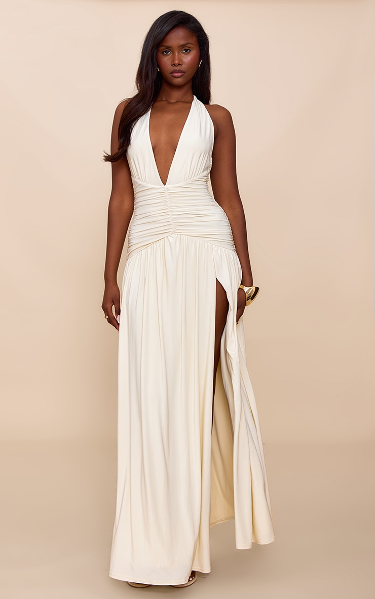 Cream Double Layer Slinky Ruched Maxi image 1