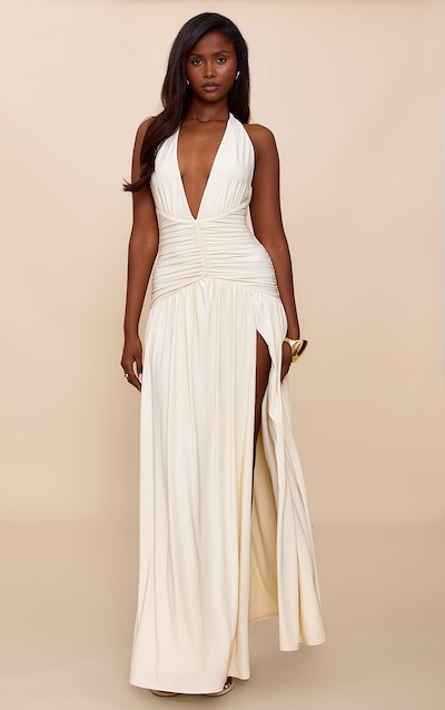 Cream Double Layer Slinky Ruched Maxi