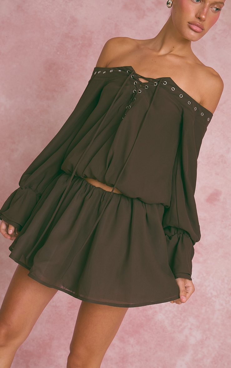Dark Brown Lace Up Front Bardot Top image 3