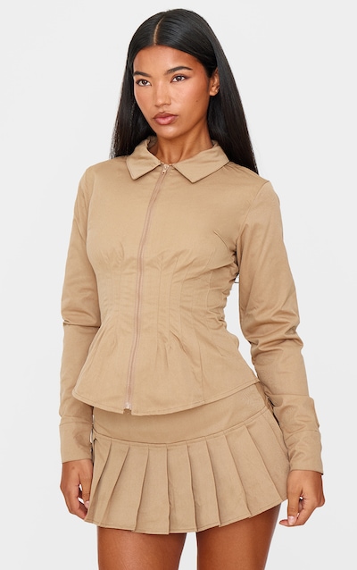 Tan Zip Front Fitted Long Sleeve Jacket