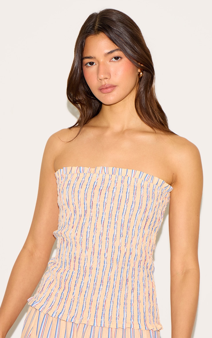 Orange Pinstripe Linen Look Shirred Bandeau Top image 3