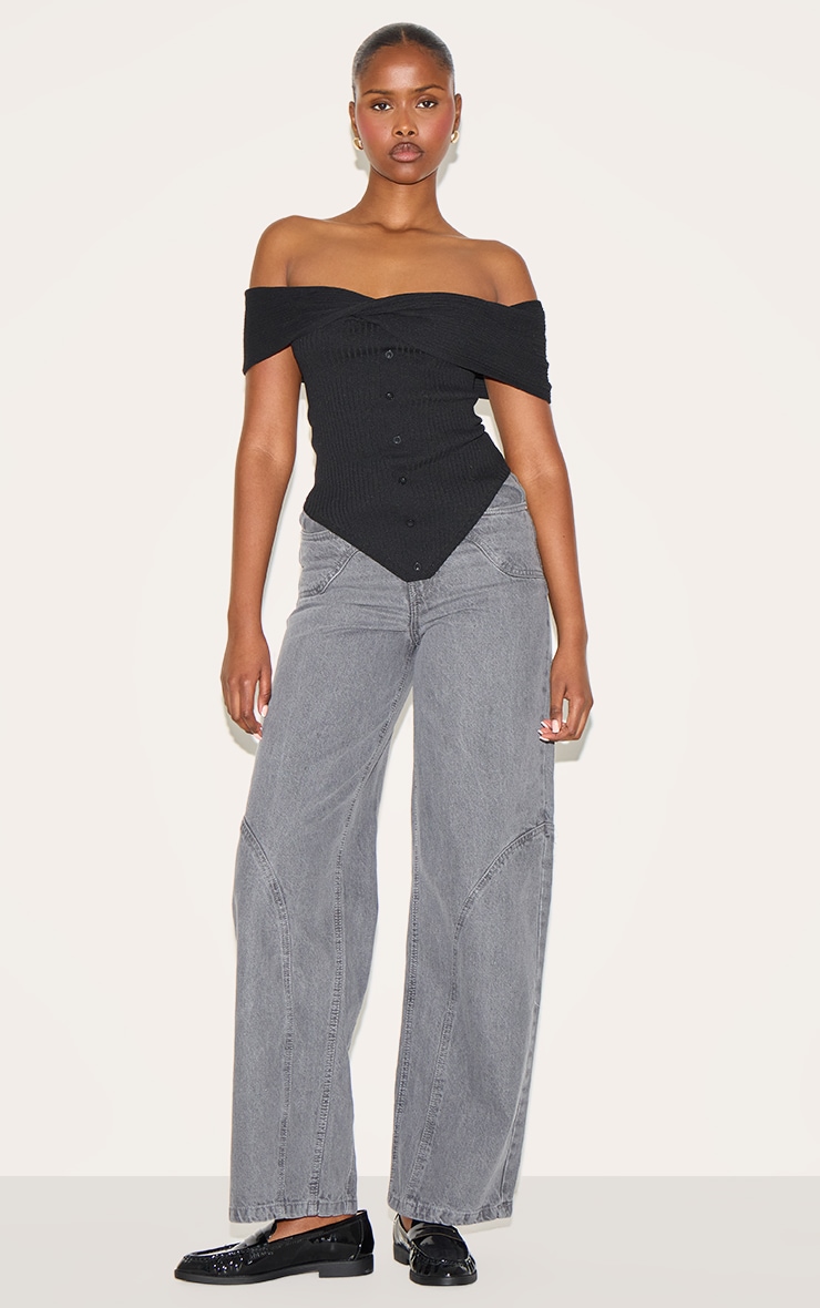 Black Rib Knit Twist Bardot Button Through Top image 3