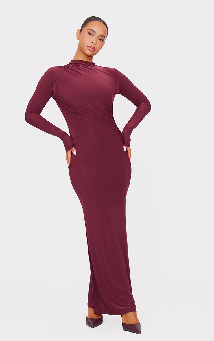  Burgundy Slinky Long Sleeve Maxi Dress image 3