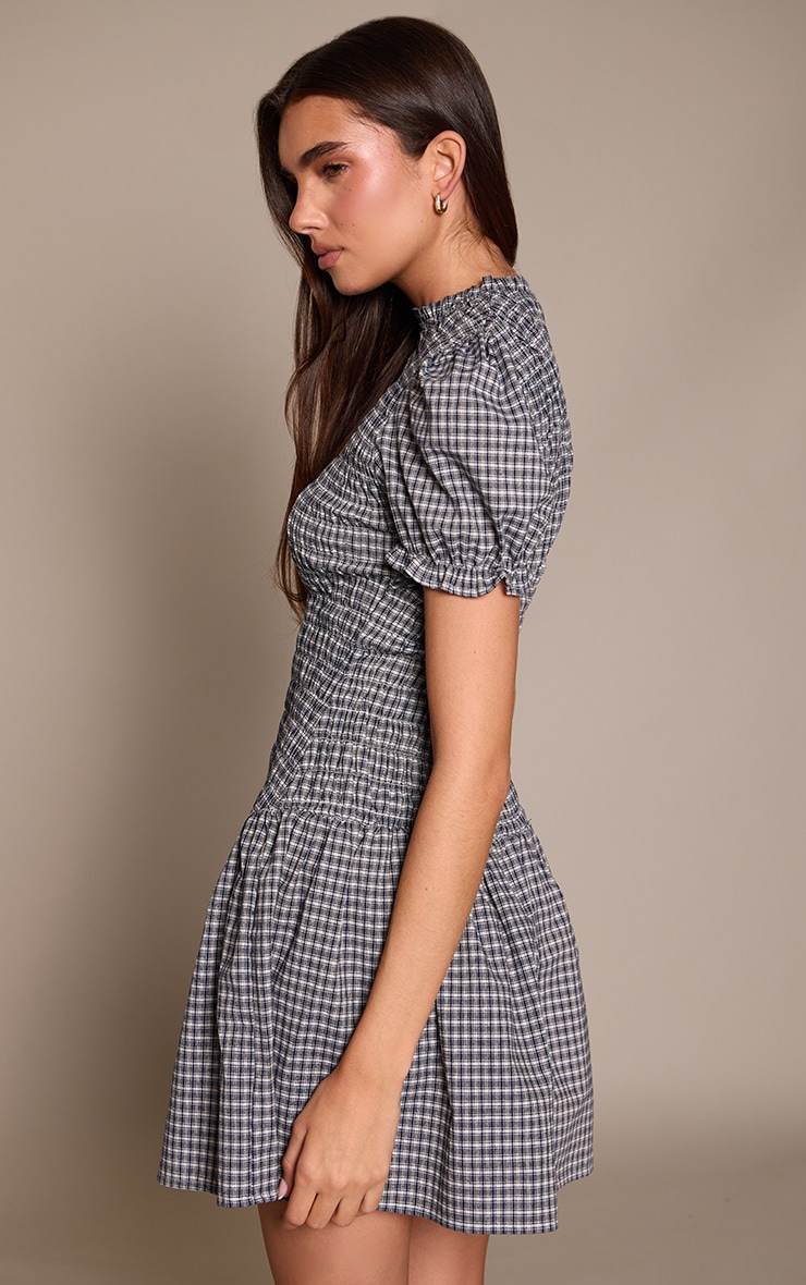 Navy Check Shirred Cap Sleeve Shift Dress image 2
