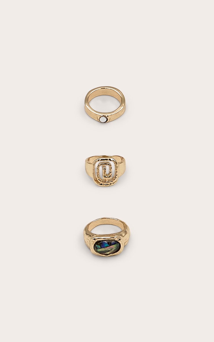 Gold Textured Ring Multi-Pack With Emerald Resin Detail image 2