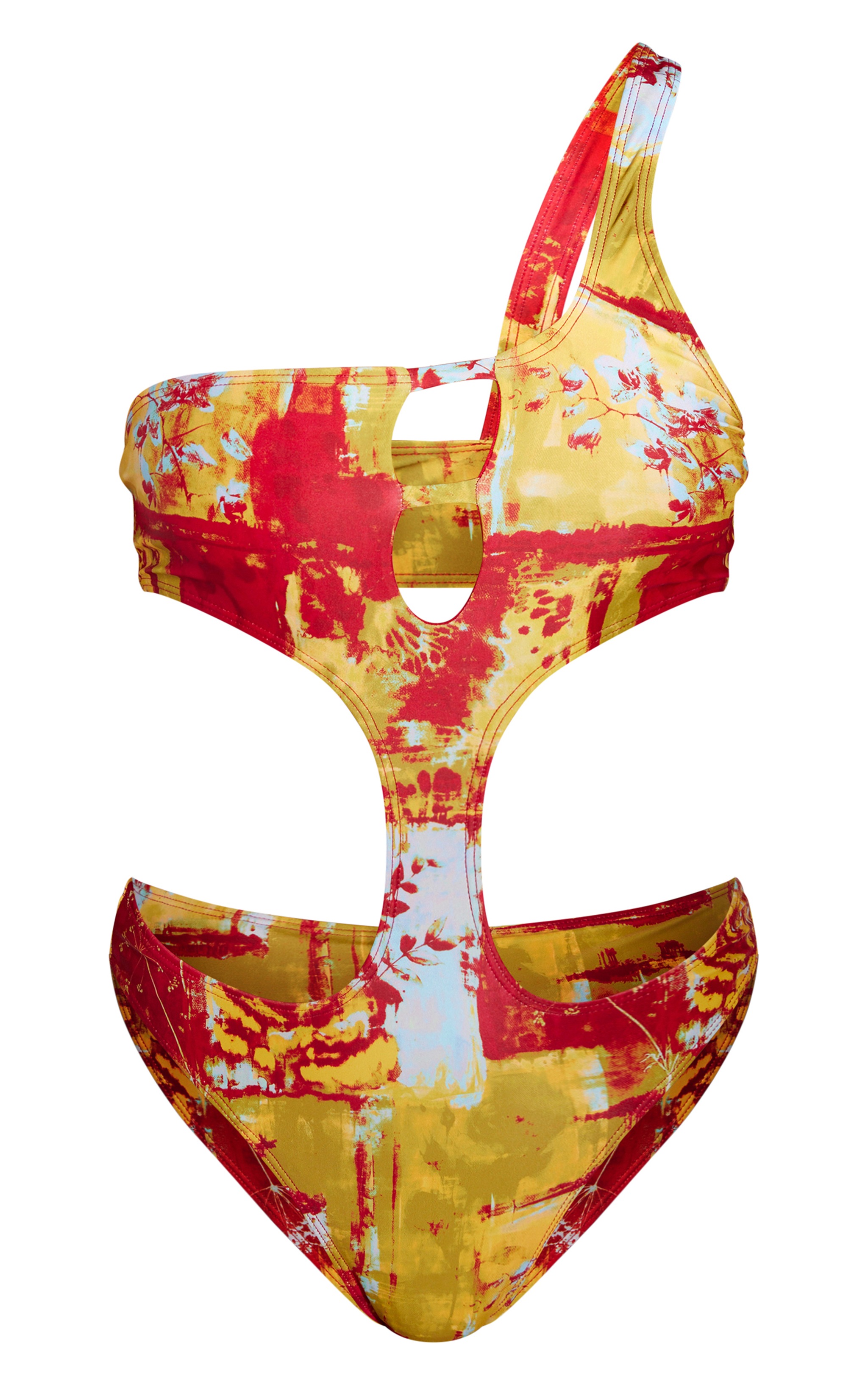 Multi Abstract Print One Shoulder Cut Out Swimsuit image 5