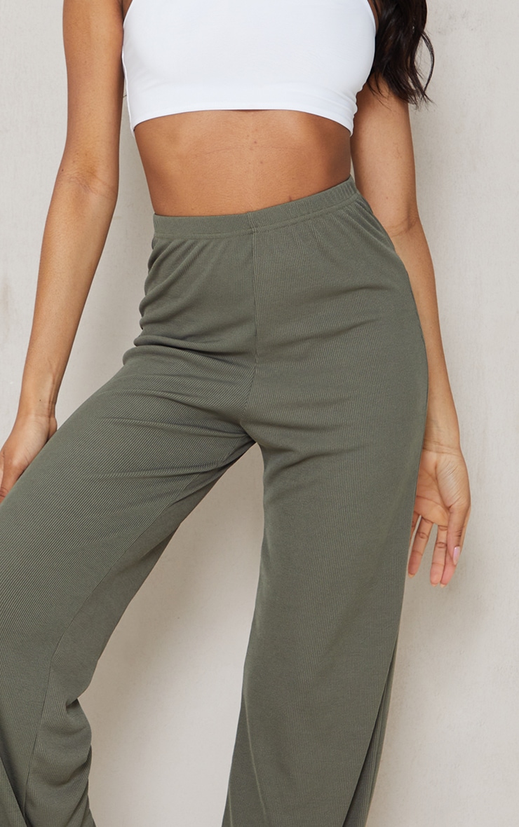 Tall Olive Ribbed Wide Leg Pants image 4