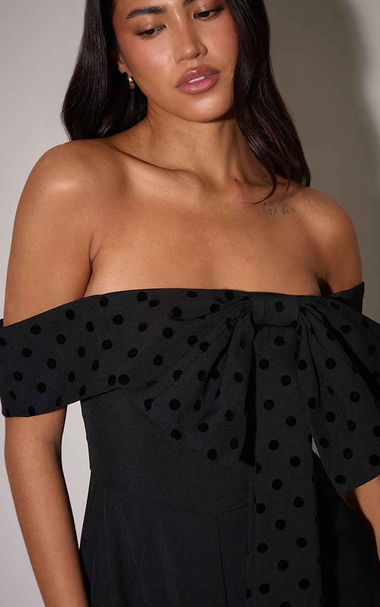 Black Woven Contrast Velvet Bow Romper image 4