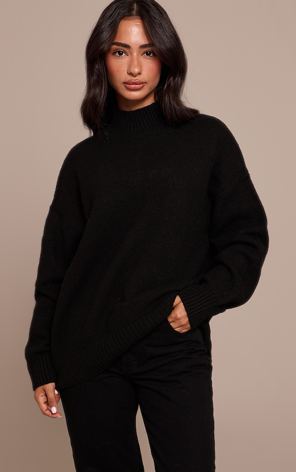 Petite Black Knit Oversized Polo Neck Sweater