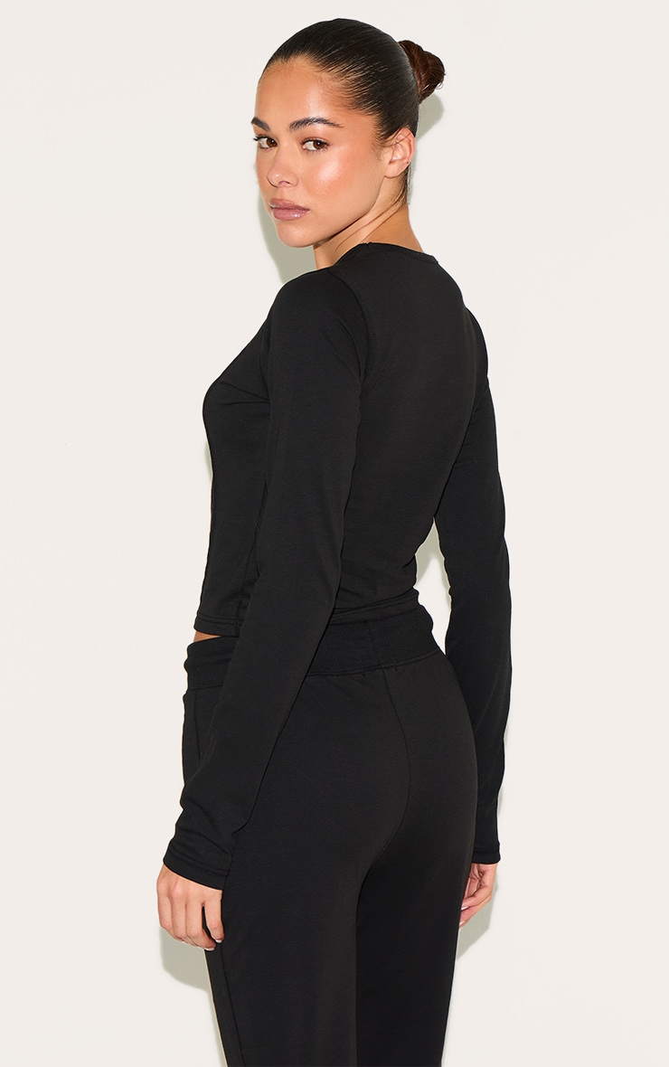 Black Cotton Seam Detail Long Sleeve Top image 2