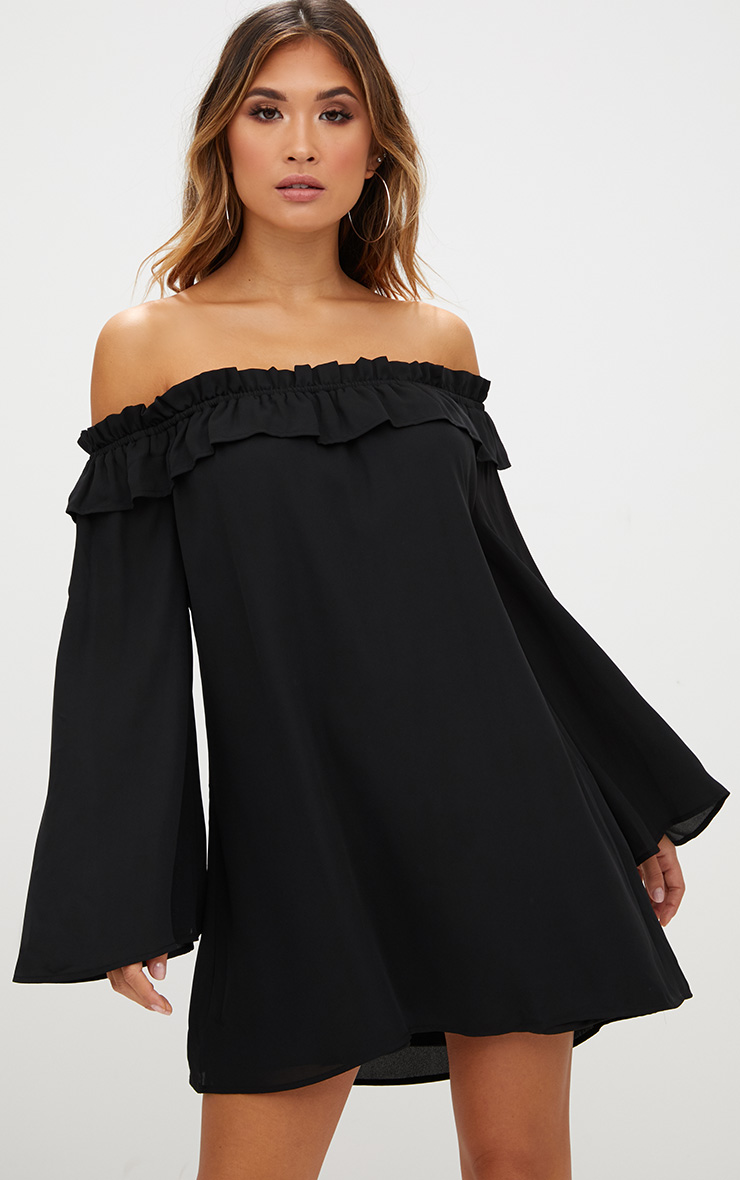 Black Bardot Long Sleeve Shift Dress PrettyLittleThing