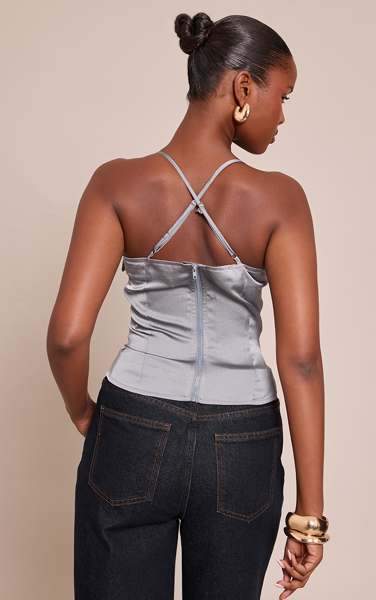 Charcoal Satin Fold Over Detail Strappy Long Top image 2