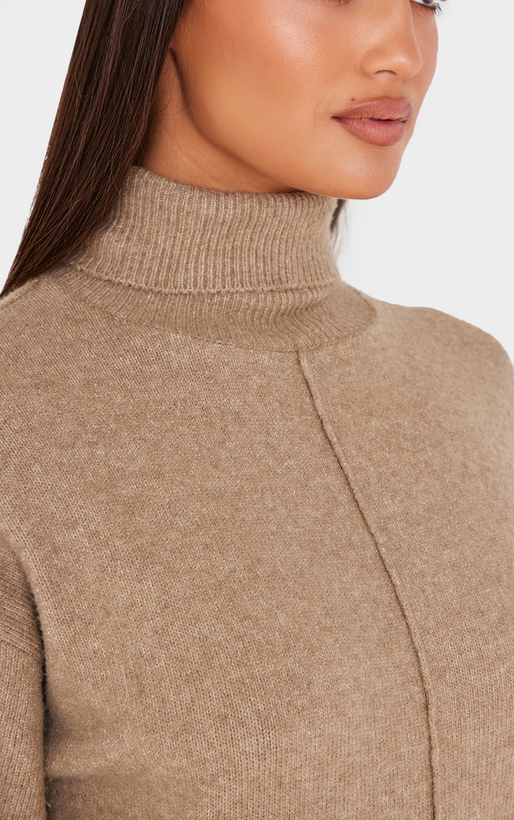 Light Mocha Soft Knit Roll Neck Oversized Seam Detail Sweater Dress image 4