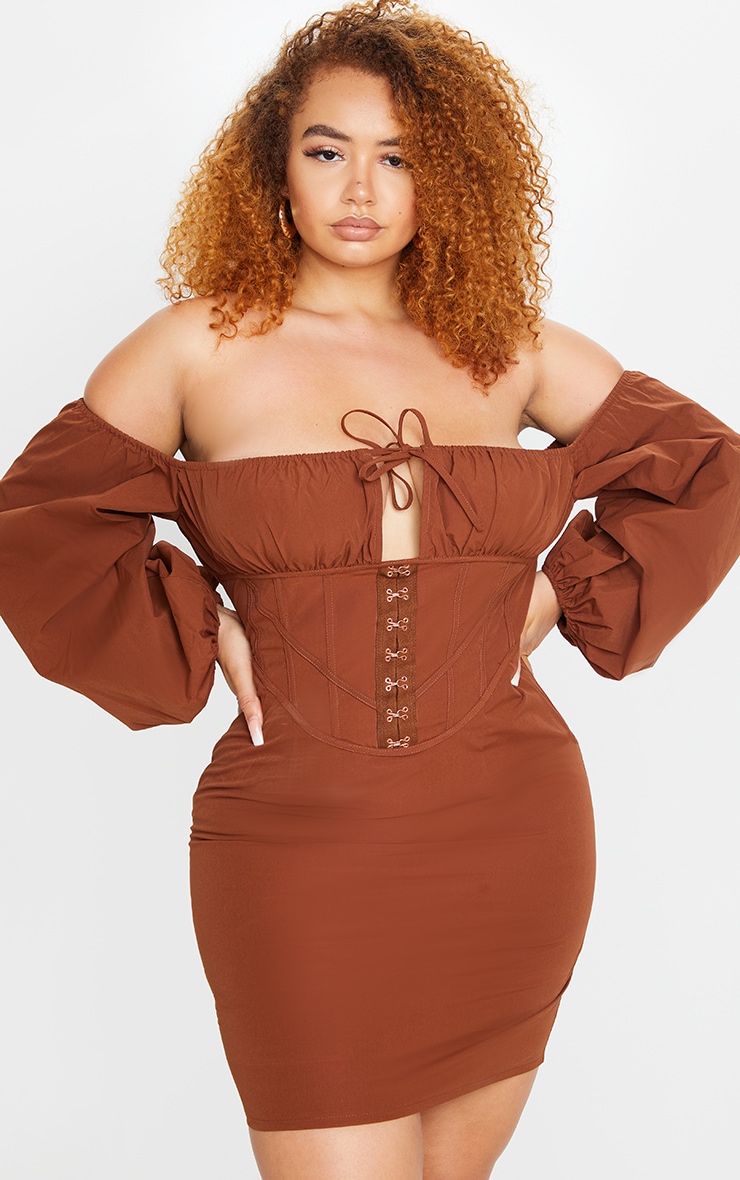 Plus Chocolate Brown Corset Detail Bardot Puff Sleeve Bodycon Dress