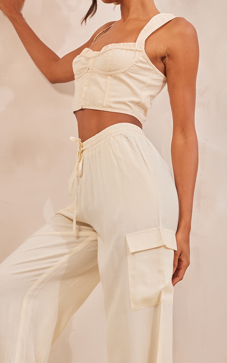 Cream Linen Drawstring Waist Wide Leg Cargo Pants | Bottoms