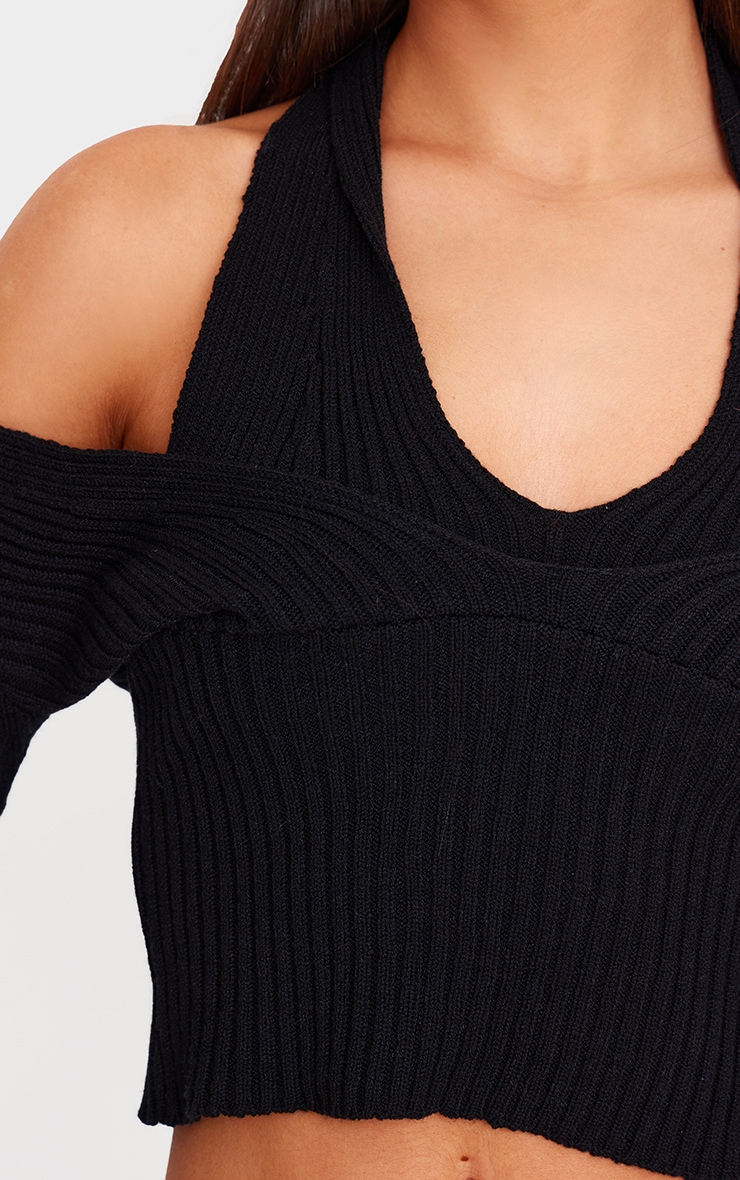 Black Double Layer Rib Knit Long Sleeve Top image 4