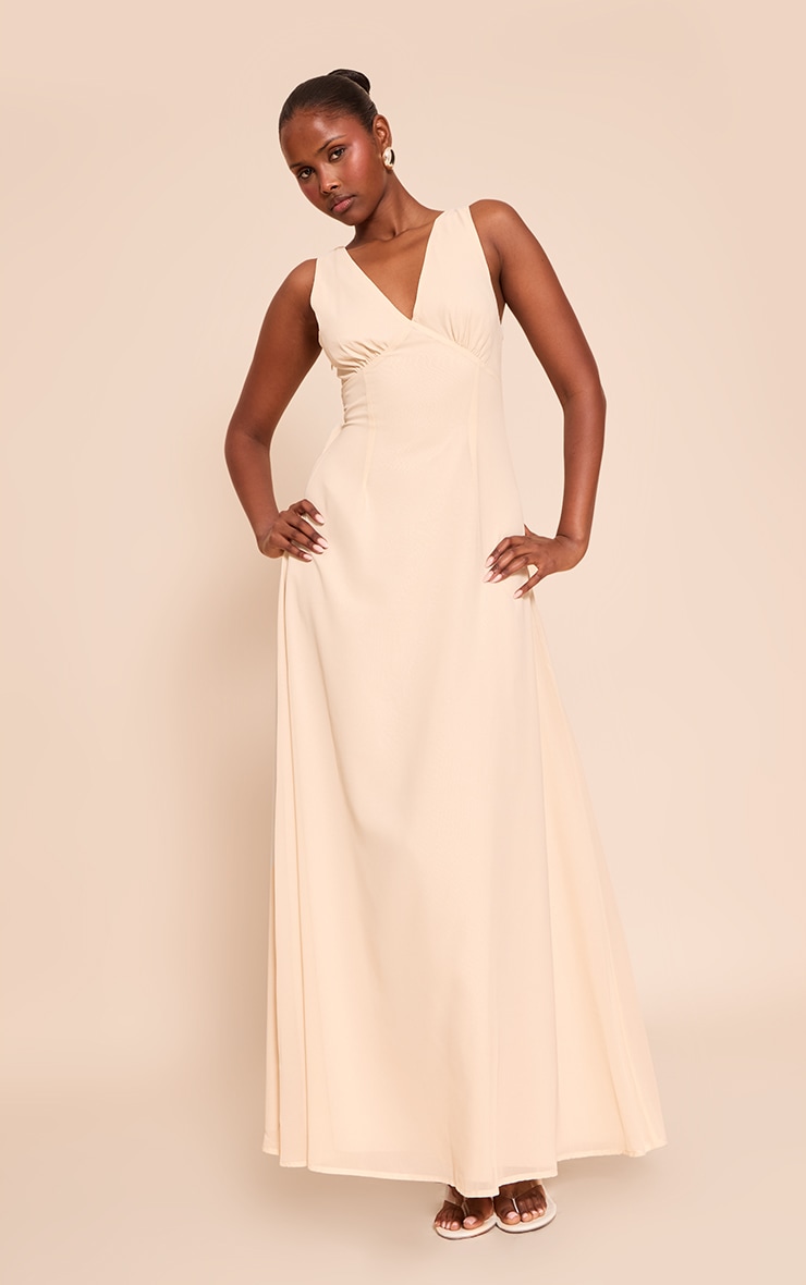 Butter Cream Plunge Chiffon Sleeveless Maxi Dress image 3