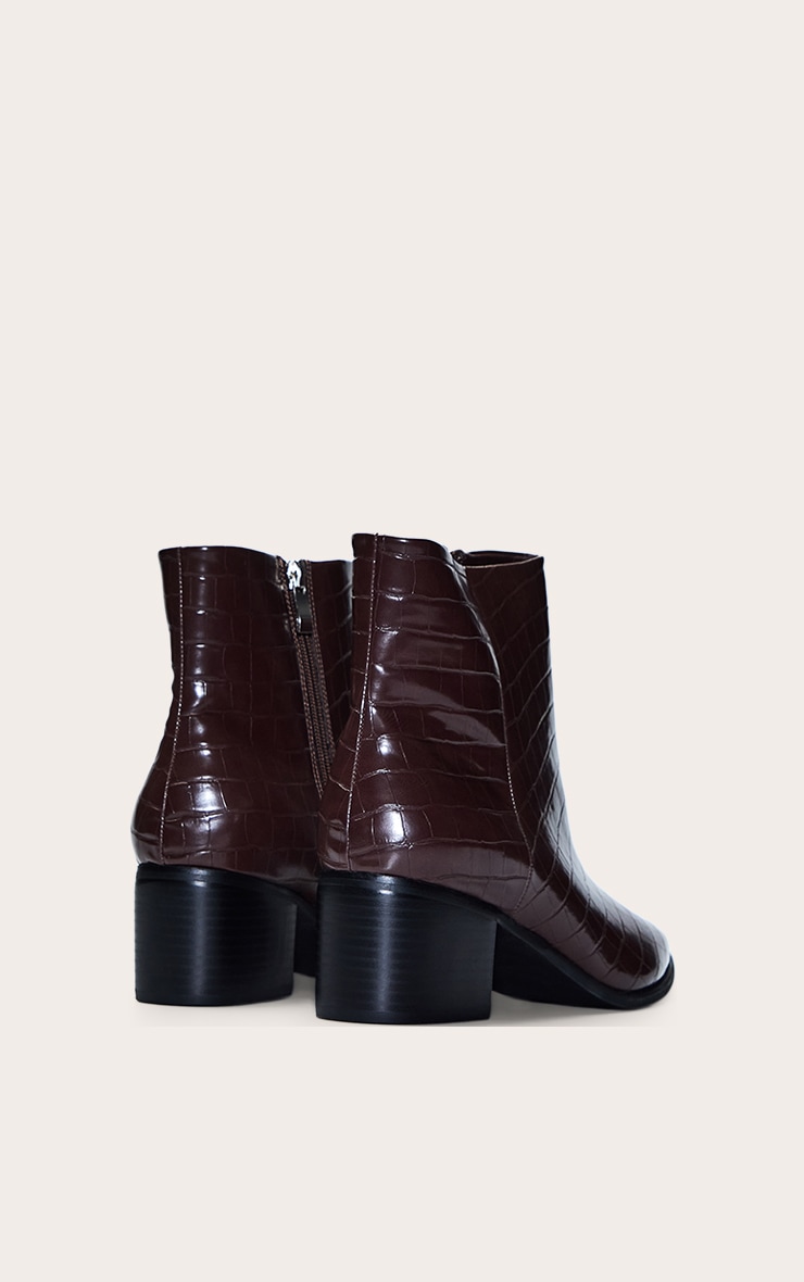 Chocolate Croc Pointed Toe Block Heel Ankle Boot image 4