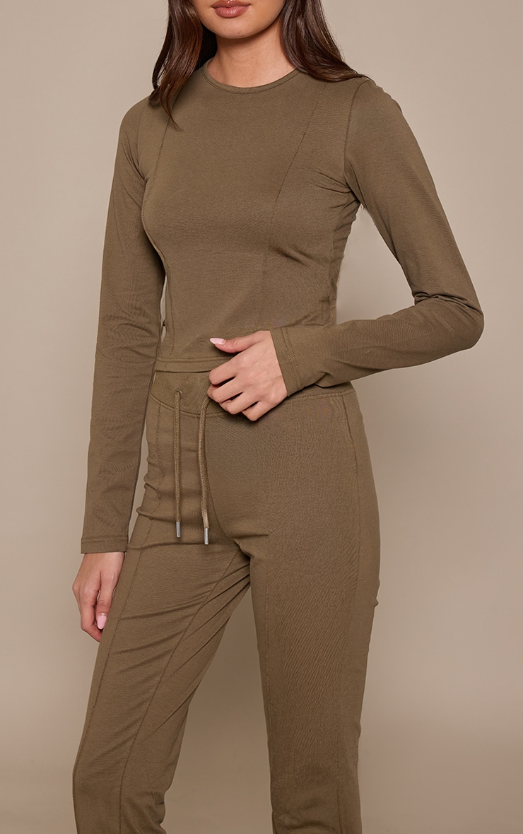Sage Khaki Cotton Seam Detail Long Sleeve Top image 4
