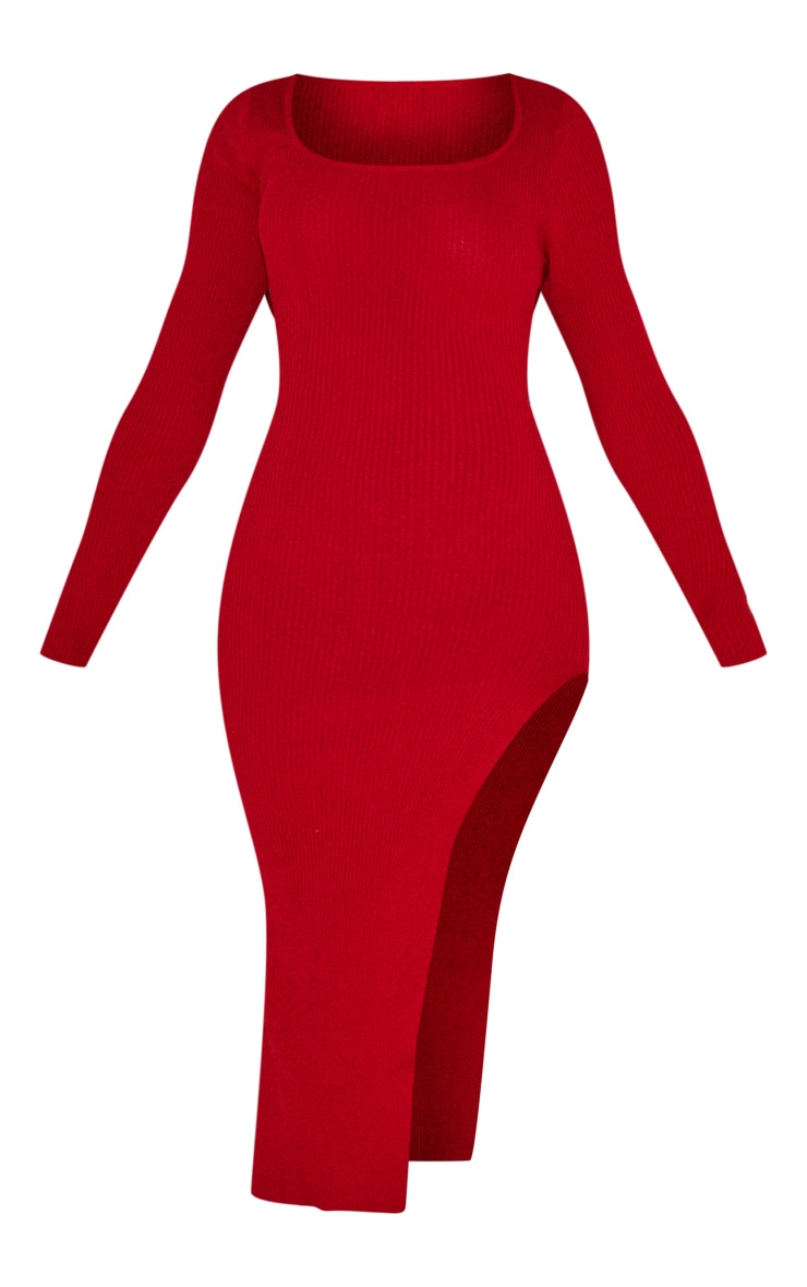 Red Scoop Neck Side Split Knitted Midaxi Dress image 5