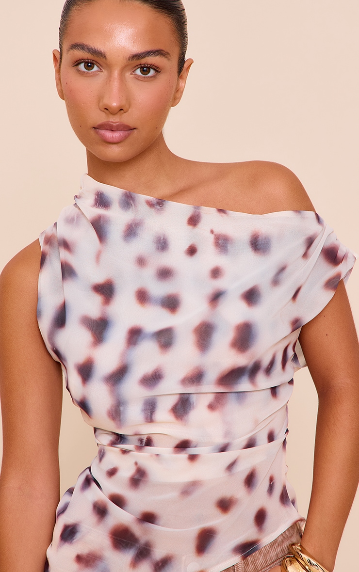  Cream Shell Printed Chiffon Asymmetric Hem Long Top image 1