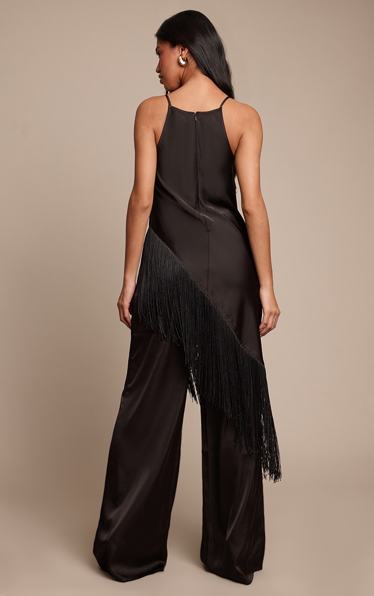 Black Satin Fringe Detail Jumpsuit image 2