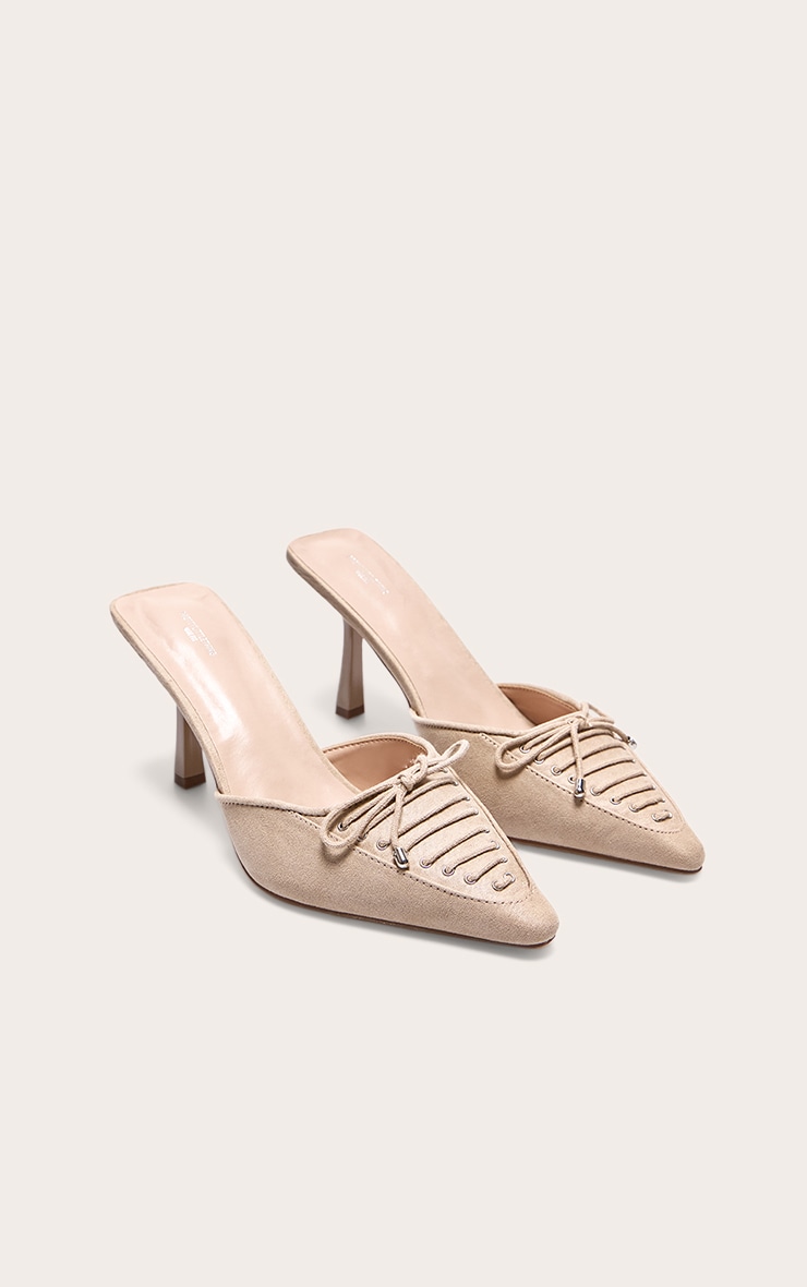 Beige Faux Suede Wide Fit Pointed Toe Lace Up Heeled Mules image 2
